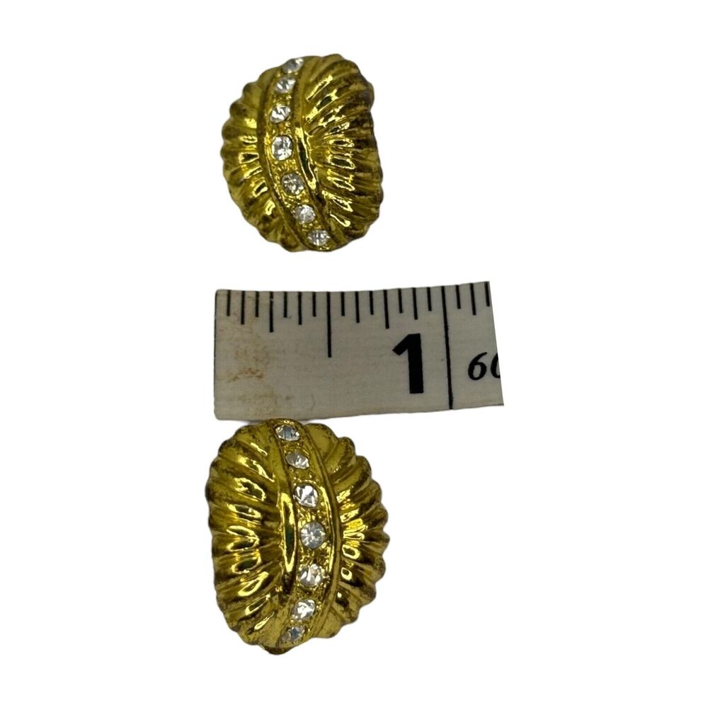 Vintage Gold‑Tone Rhinestone Dome Clip‑On Earrings Textured Statement Jewelry - Picture 5 of 6